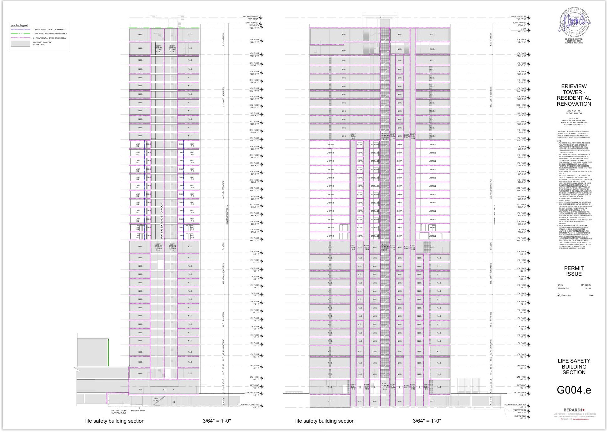 A cross-section of the Erieview Tower is shown here, with the highlighted 12 floors in the middle of the skyscraper to be converted to residential use.