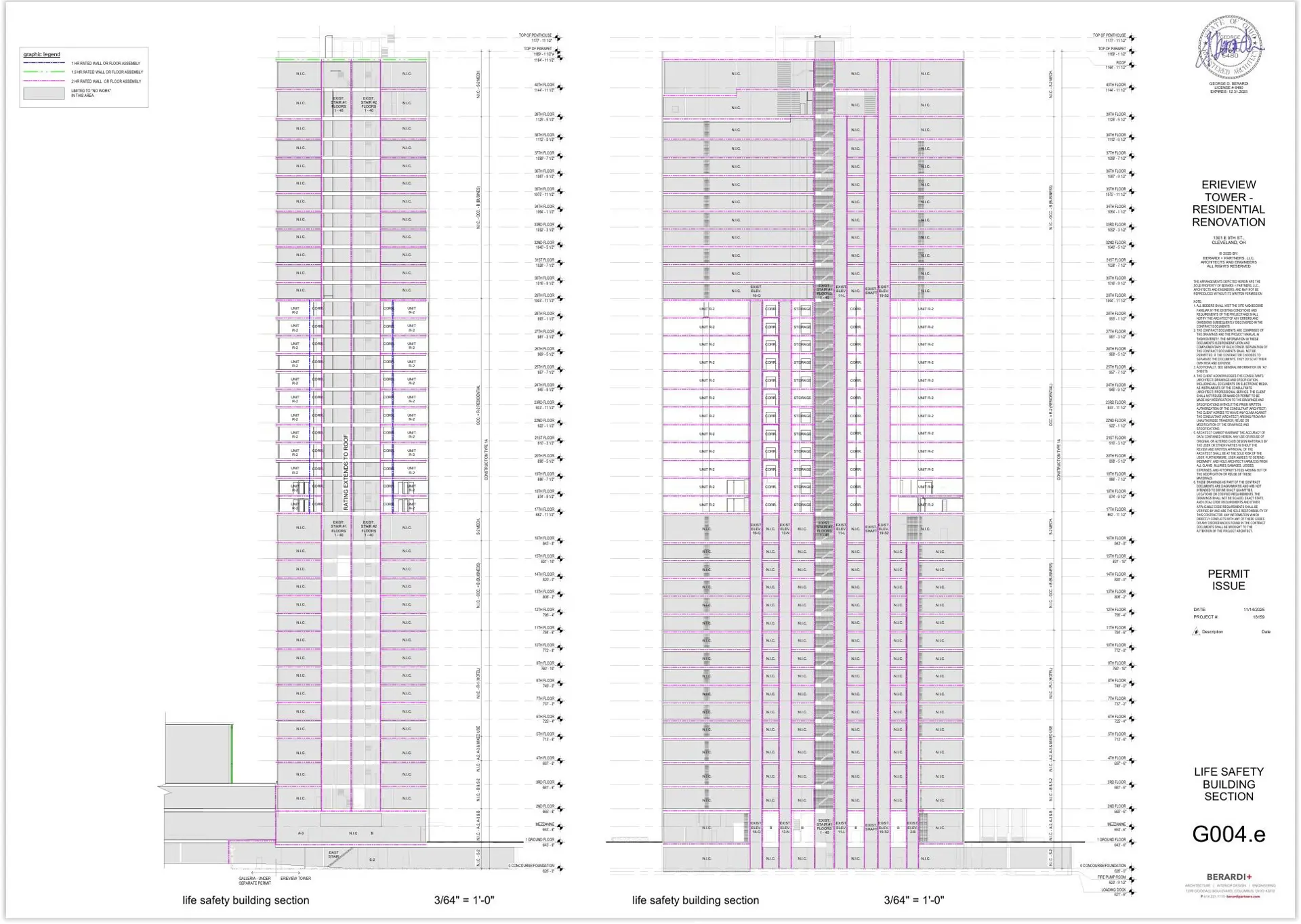 A cross-section of the Erieview Tower is shown here, with the highlighted 12 floors in the middle of the skyscraper to be converted to residential use.