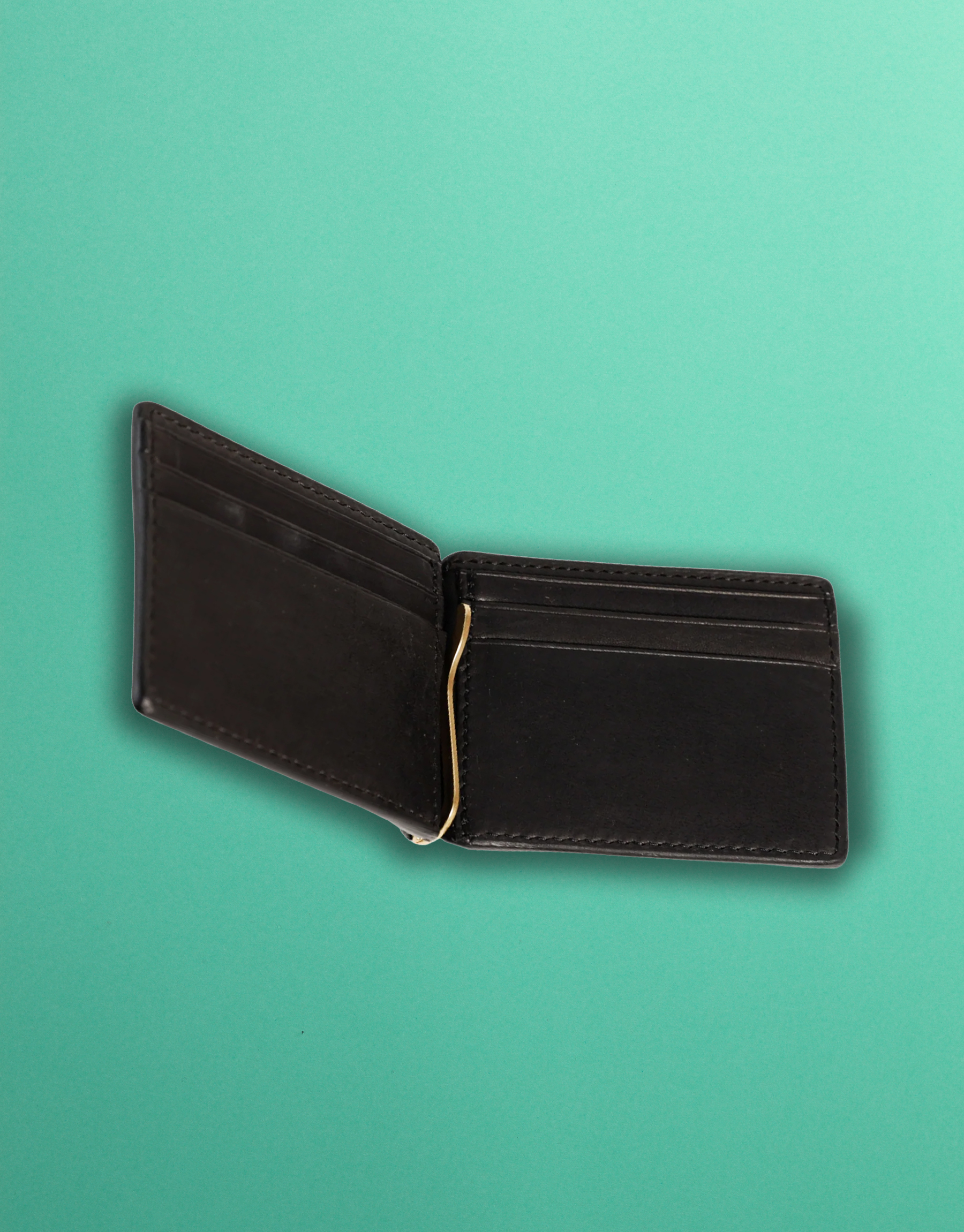 black wallet with gold clip on a green background