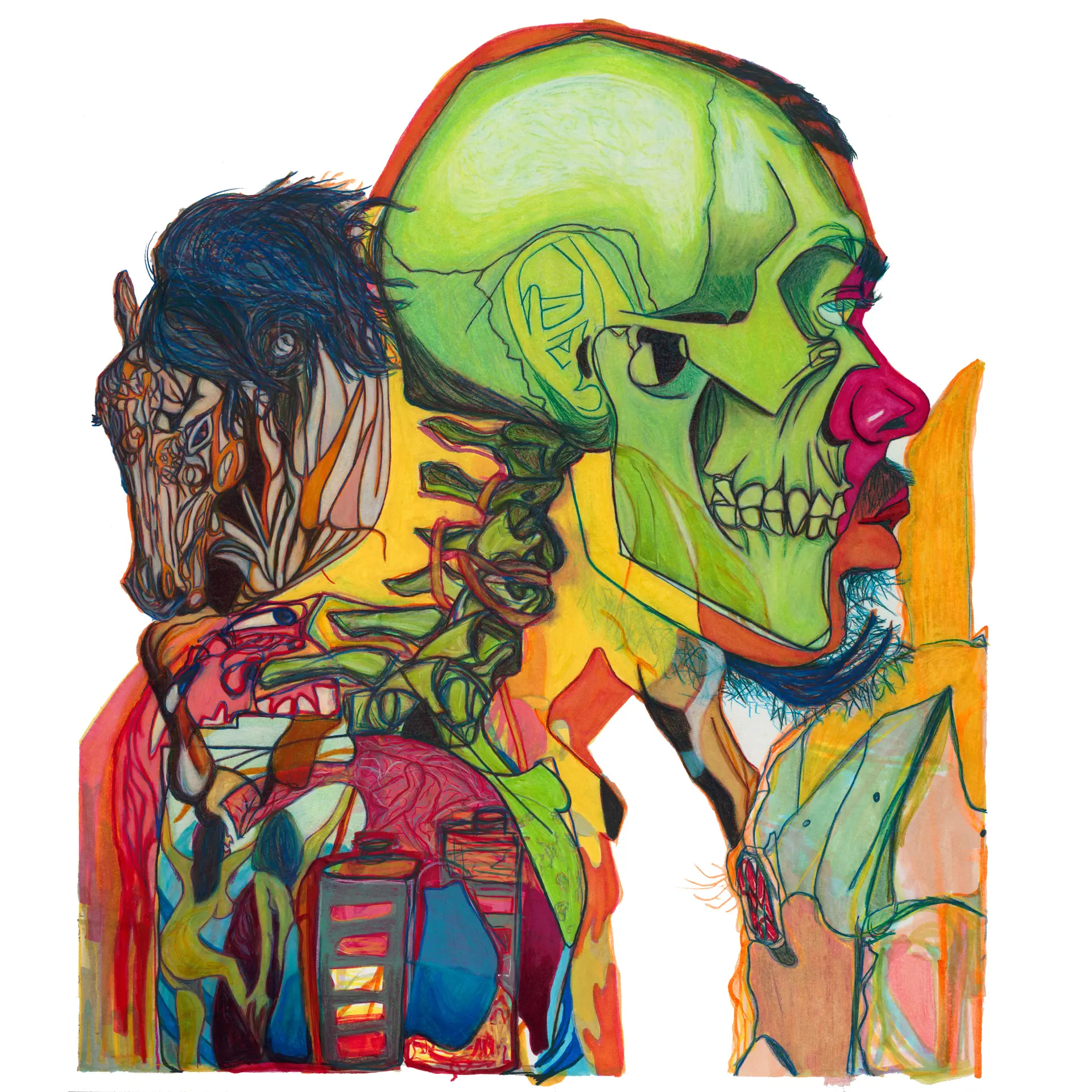 painting of a green skeleton and a horse head