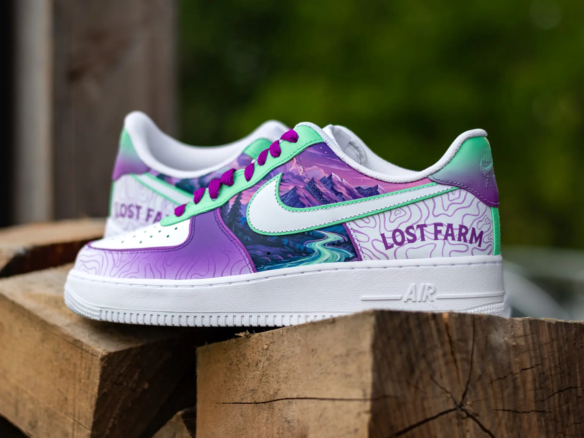 sneakers with purple and green paint