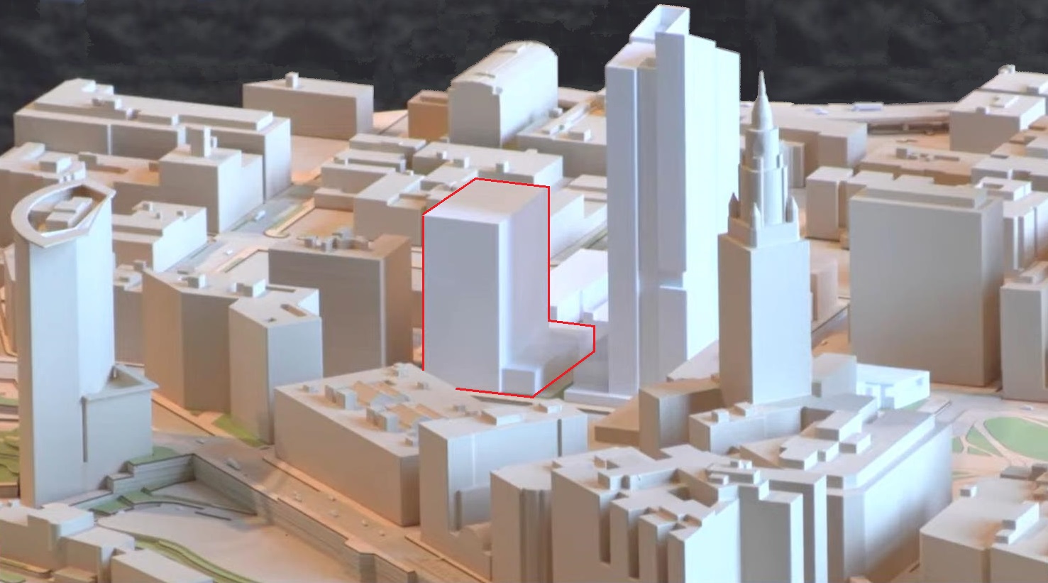 Sherwin-Williams headquarters, dubbed HQ2, is shown outlined in red in this official model. 