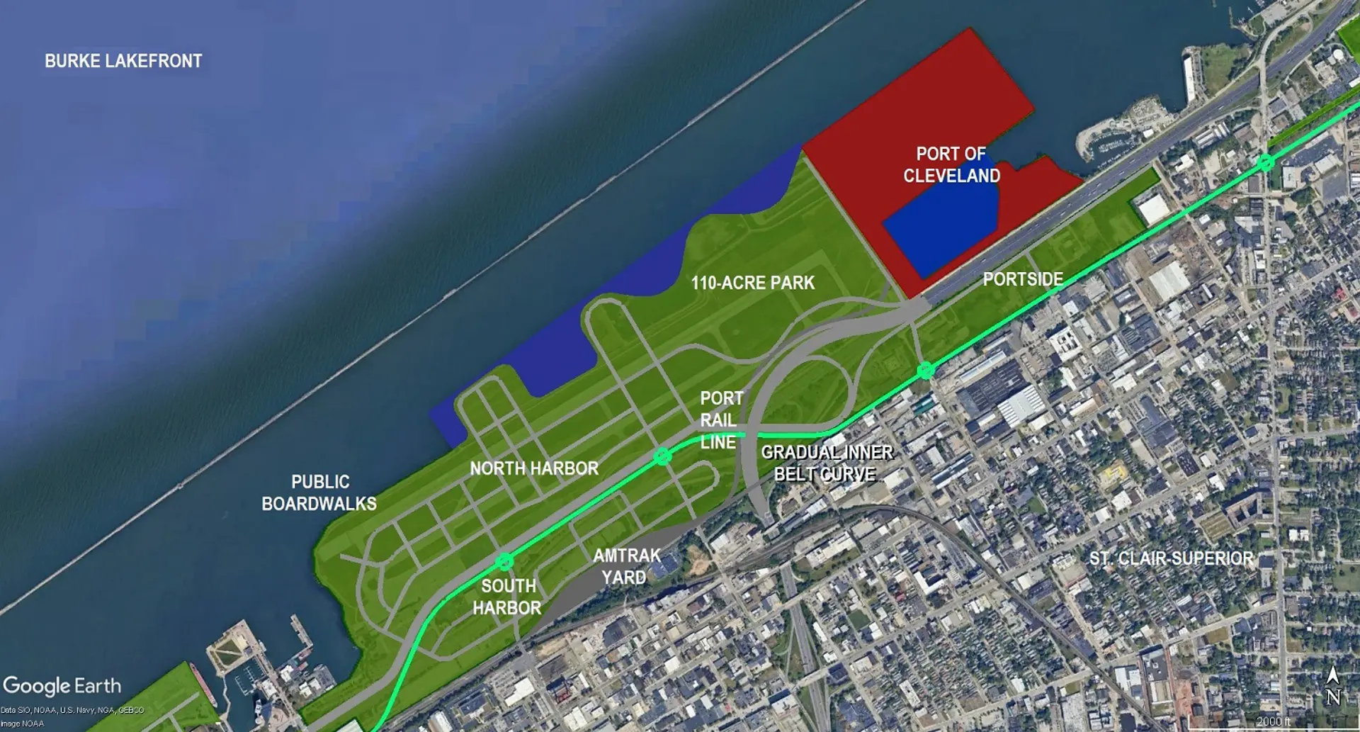 The middle portion of lakefront redevelopment dominated by the Burke Lakefront Airport site, repurposed with market-rate housing closer to the lake