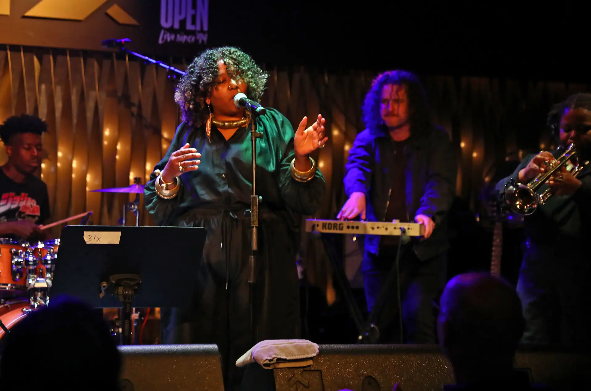 Band singing and performing onstage