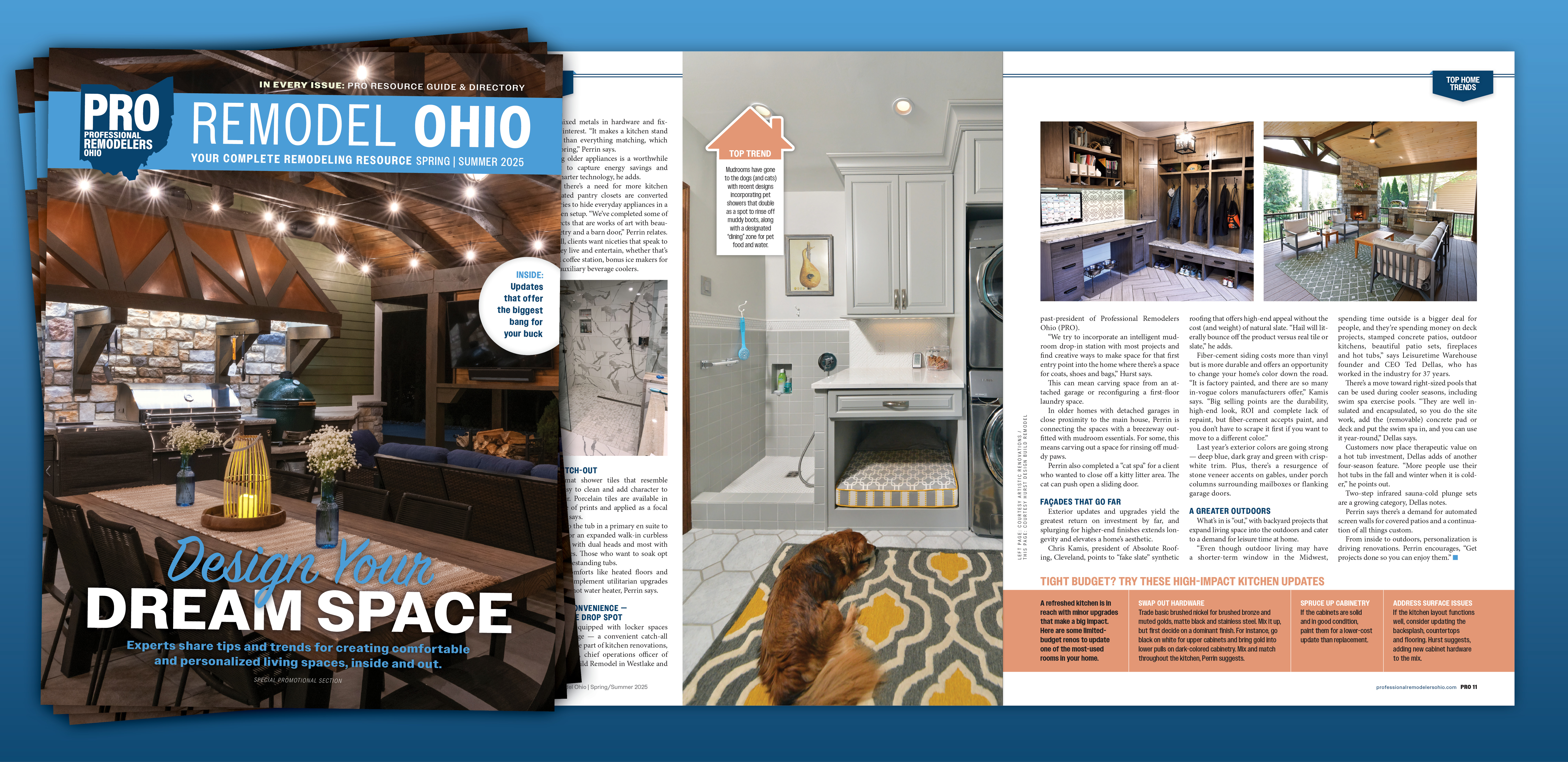 A spread and the cover from a recent issue of PRO Remodel Ohio Magazine