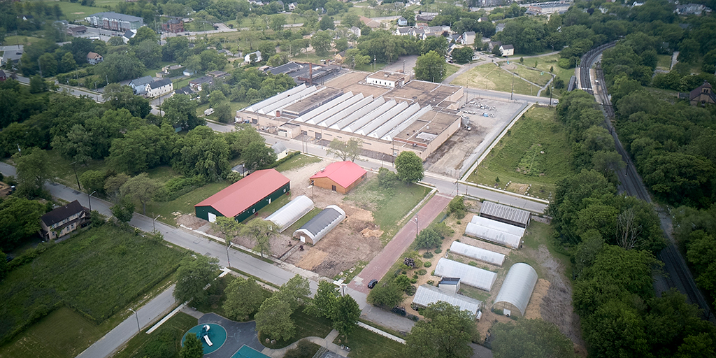 overhead view of Rid-All Green Partnership farm and gardens.