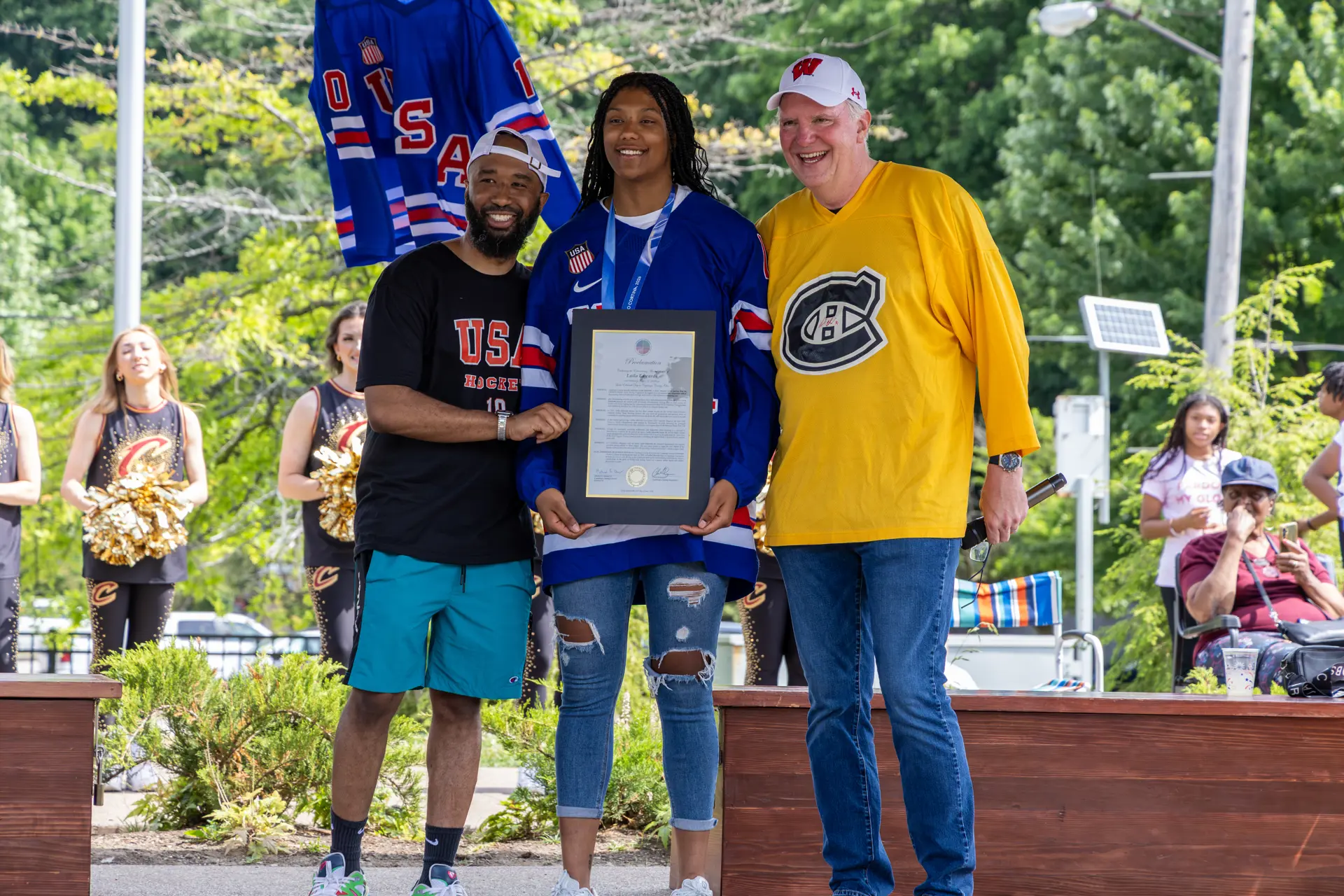 Laila Edwards Day, County Councilman Michael Houser, Team USA hockey player Laila Edwards, County Executive Chris Ronayne (Left to Right) | Photographed by Alyson Garfield