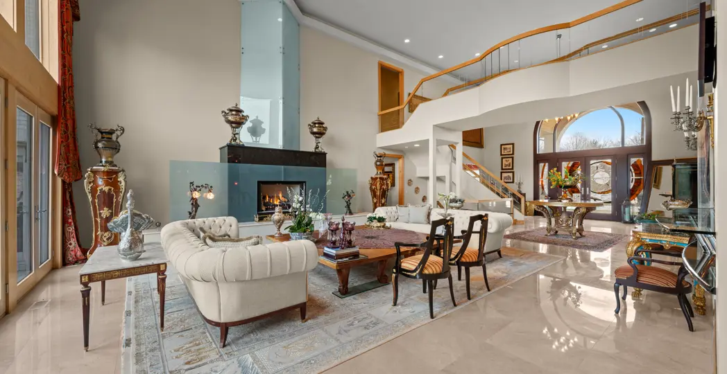 marble living room with custom fireplace