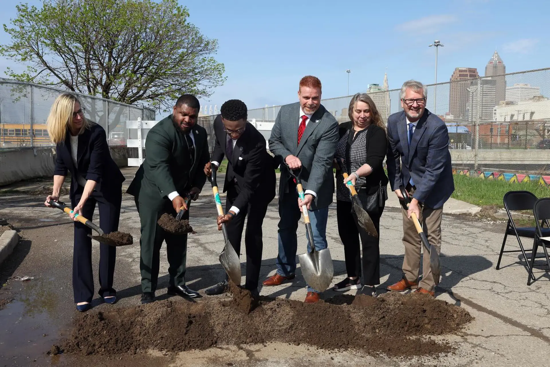 Mayor Justin Bibb and local dignitaries turn dirt for the ceremonial start of construction of the Central Interchange project