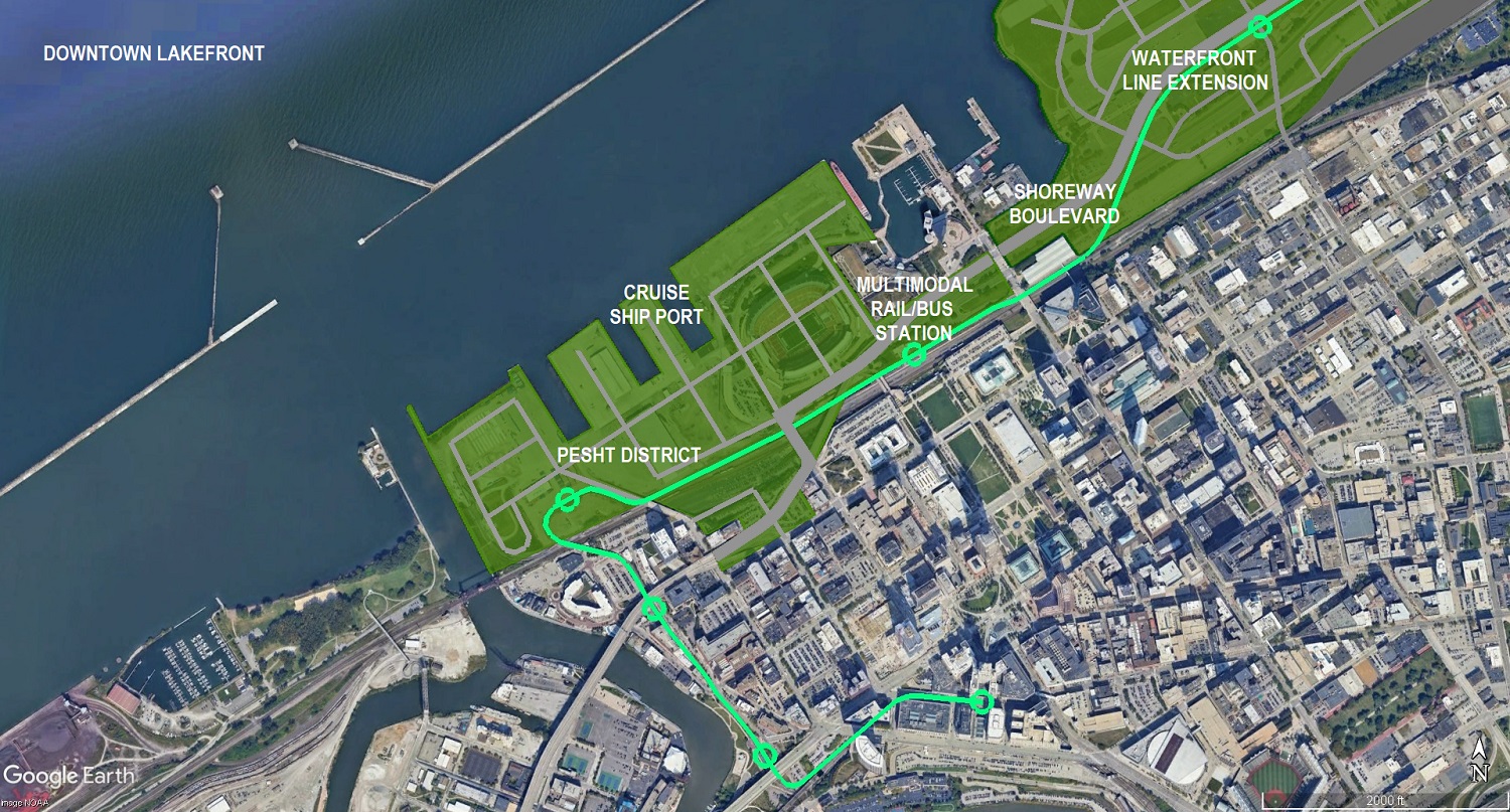 The western third of the five-mile lakefront redevelopment next to Downtown Cleveland could look like this, which incorporates several unrealized plans of the past 20 years