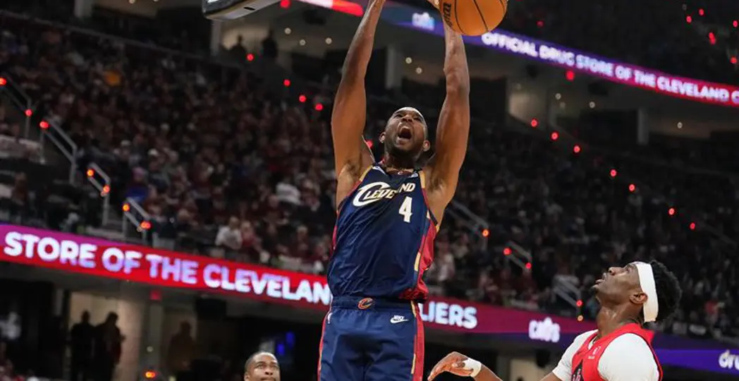 Evan Mobley dunks in a Game Two playoff win over the Toronto Raptors | Photo By AP Photo