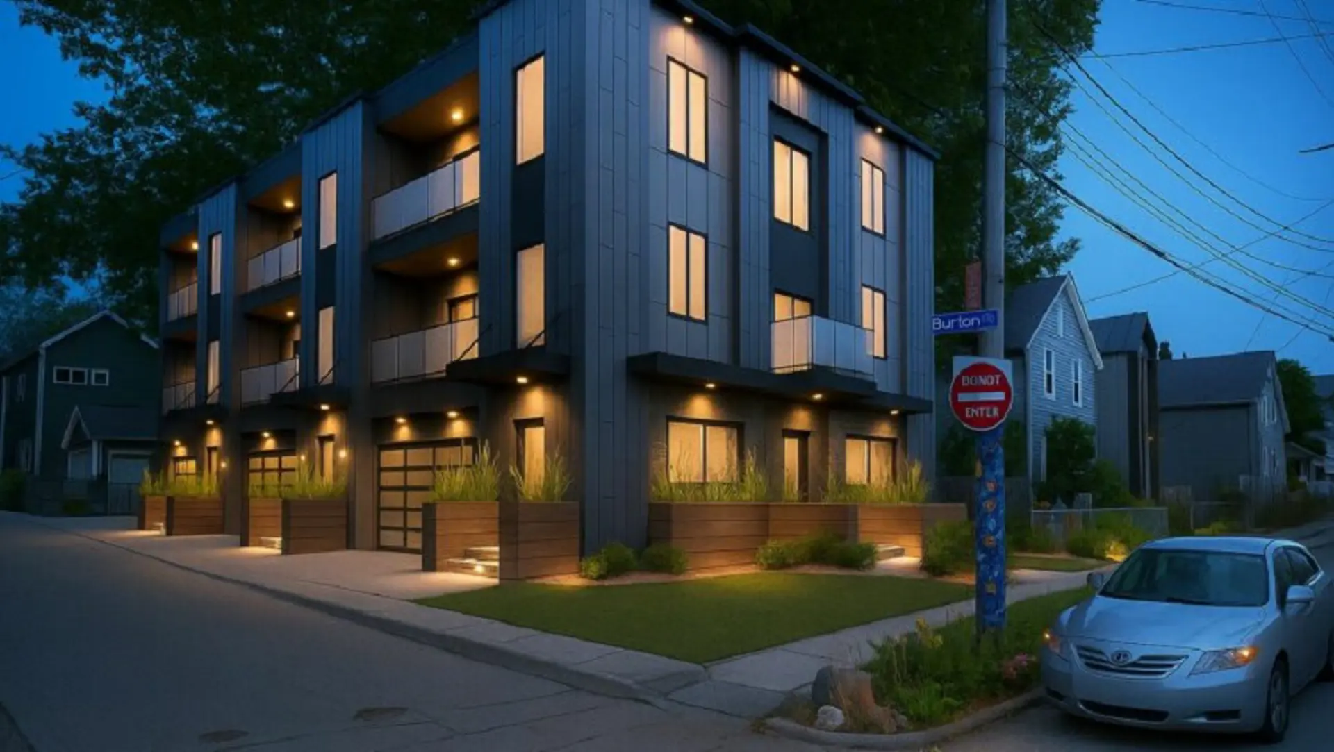 Proposed townhomes in the Burton Collection which will also include new single-family homes, one of which is visible at right 