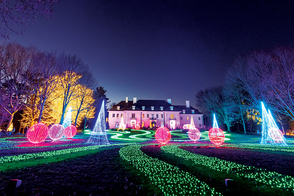 Illuminated trees, garden and mansion at Winterlights at Newfields in Indianapolis, Indiana (photo courtesy of Newfields) Illuminated trees, garden and mansion at Winterlights at Newfields in Indianapolis, Indiana (photo courtesy of Newfields)