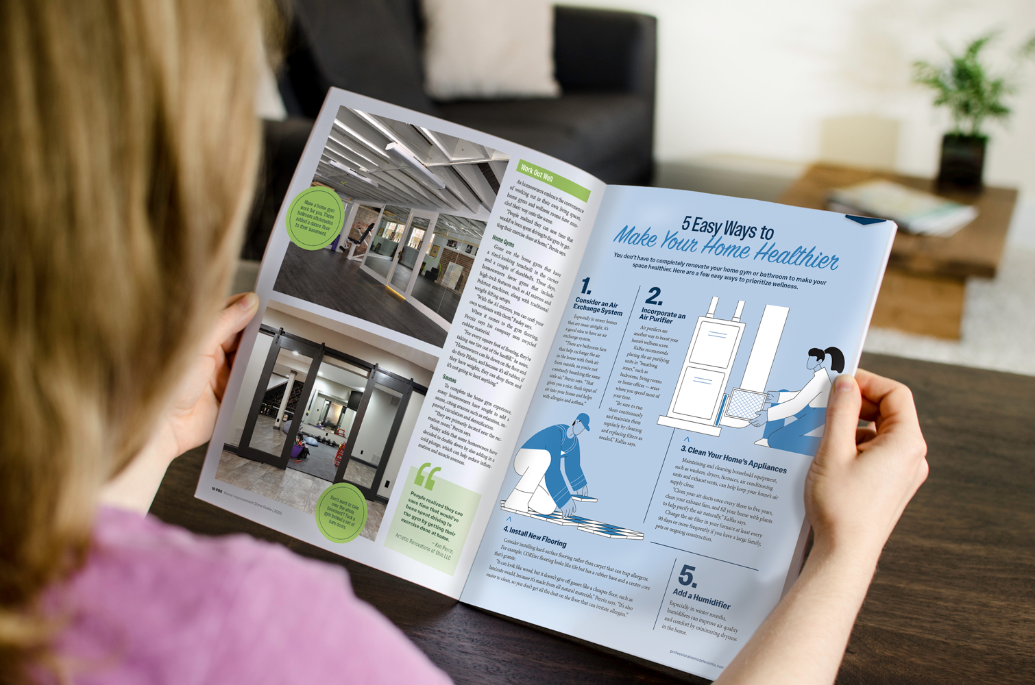 An over-the-shoulder view of a woman looking at a magazine