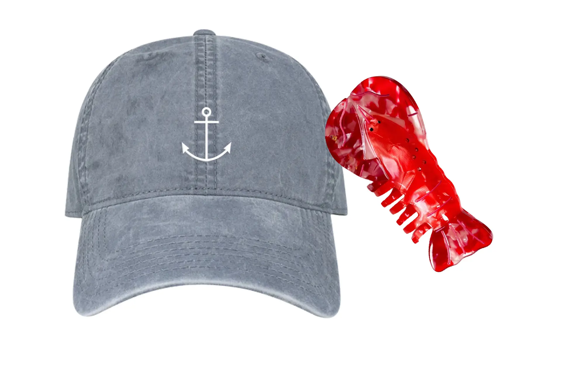 denim hat with white anchor emblem and red claw clip shaped like a lobster