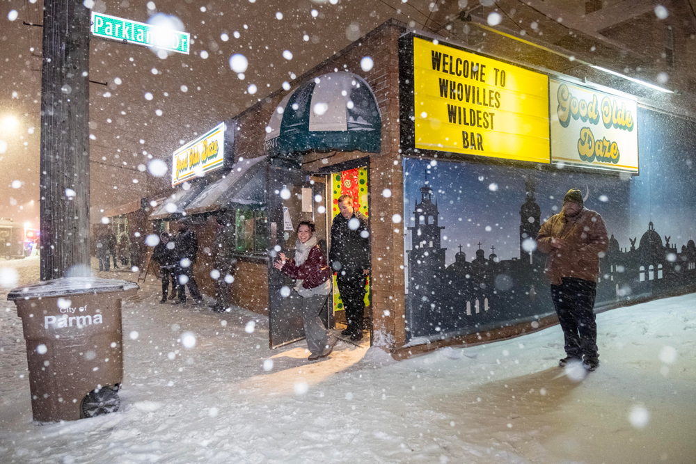 Heading outside Sloppy Bob's to see a pierogi drops in Parma at midnight on New Year’s Eve