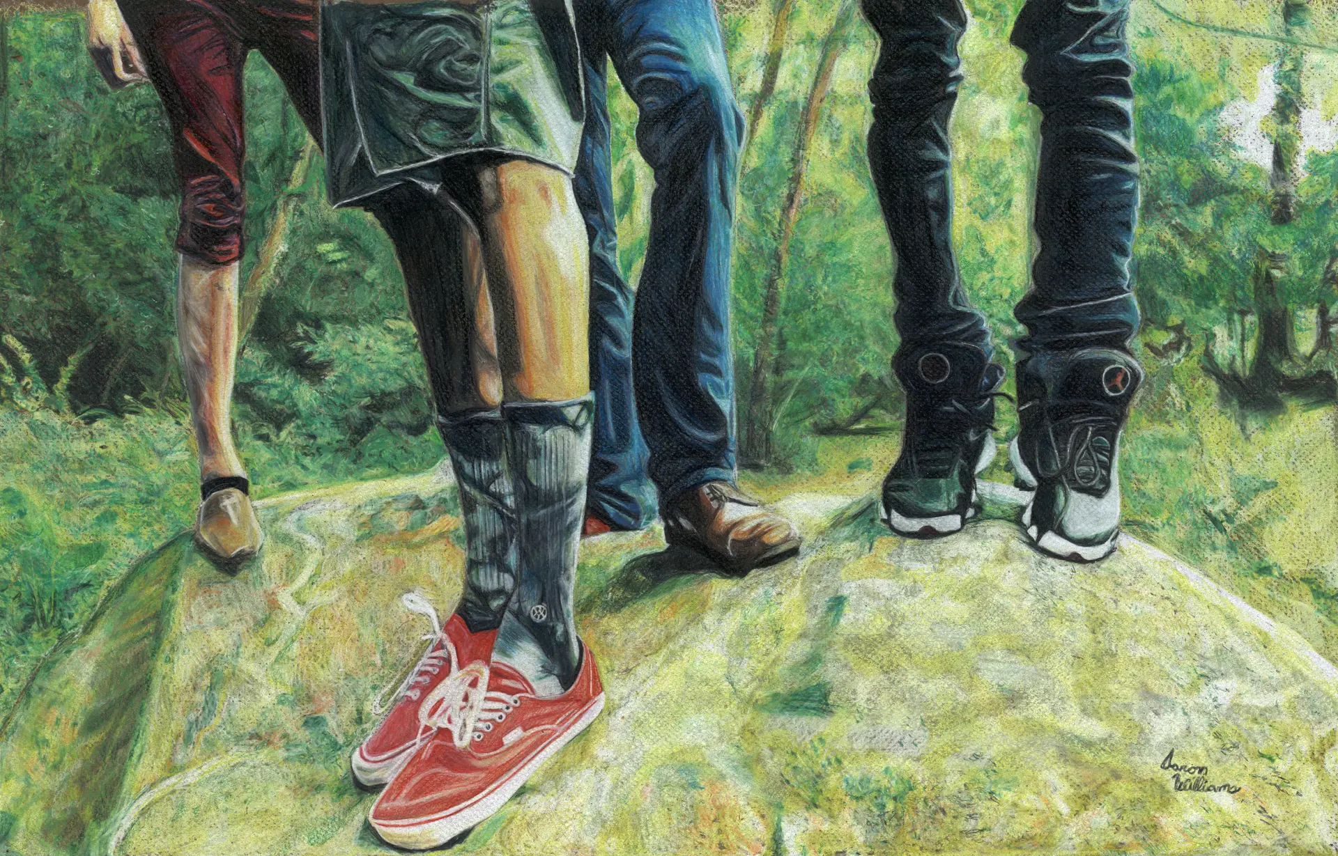 painting of people from below the waist, pants and shoes