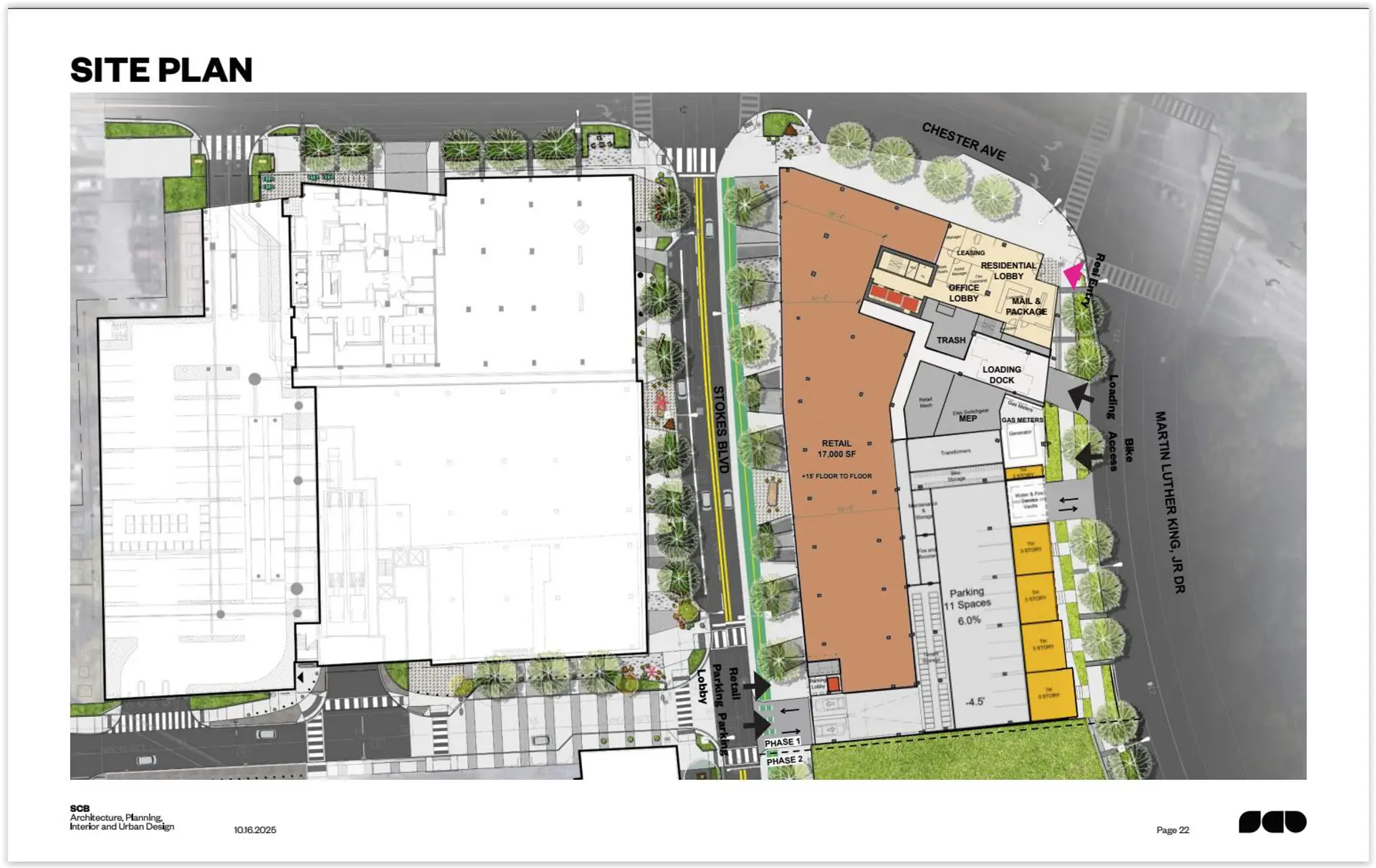 SITE PLAN FOR THE EAST STOKES APARTMENT TOWER WITH GROUND-FLOOR USES SHOWN.