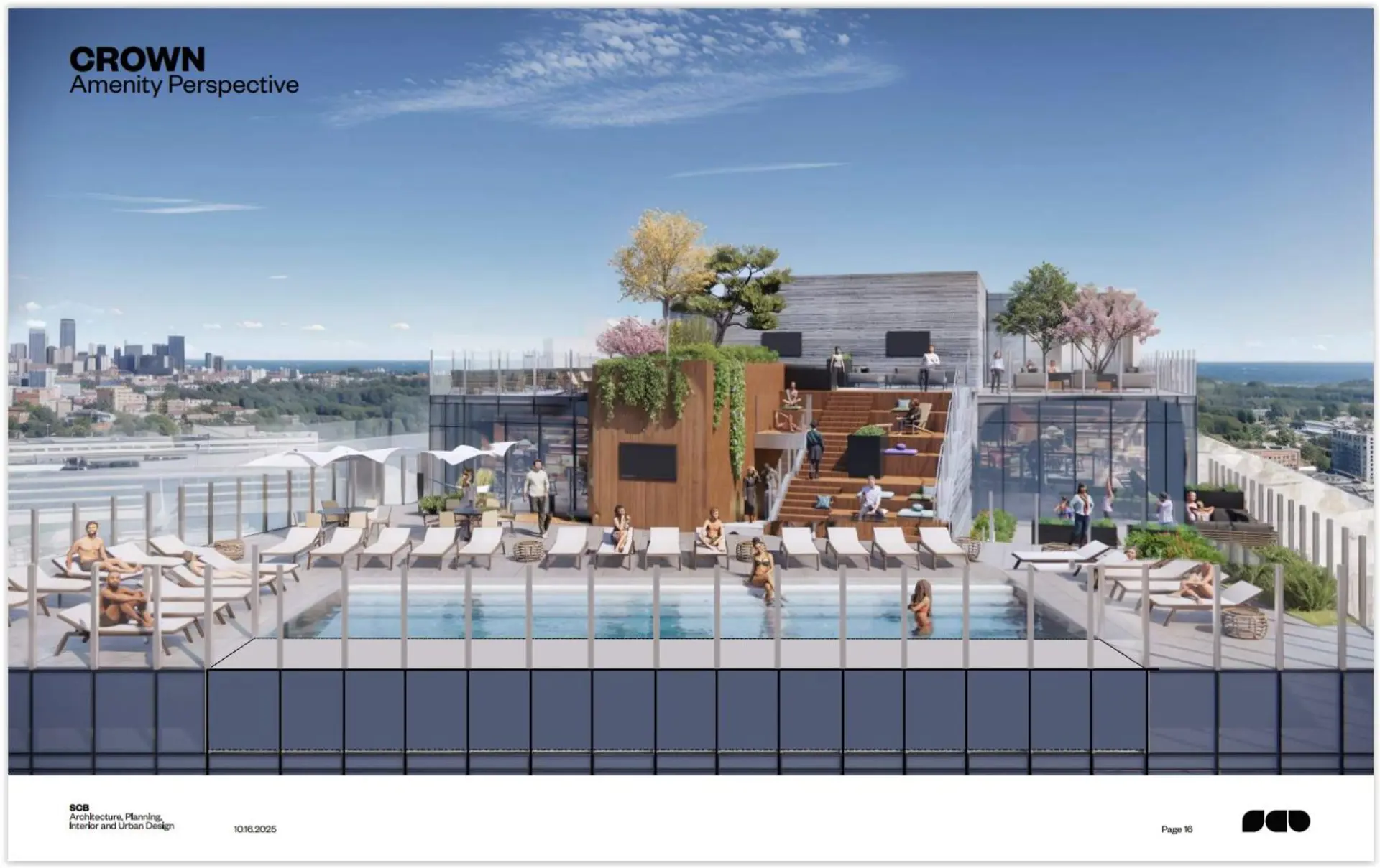 THE ROOFTOP AMENITY SPACES OF THE NEW APARTMENT TOWER WILL BE TWO STORIES TALL FEATURING OUTDOOR STEPS OFFERING LOUNGE SPACES ON EITHER SIDE OF THEM.