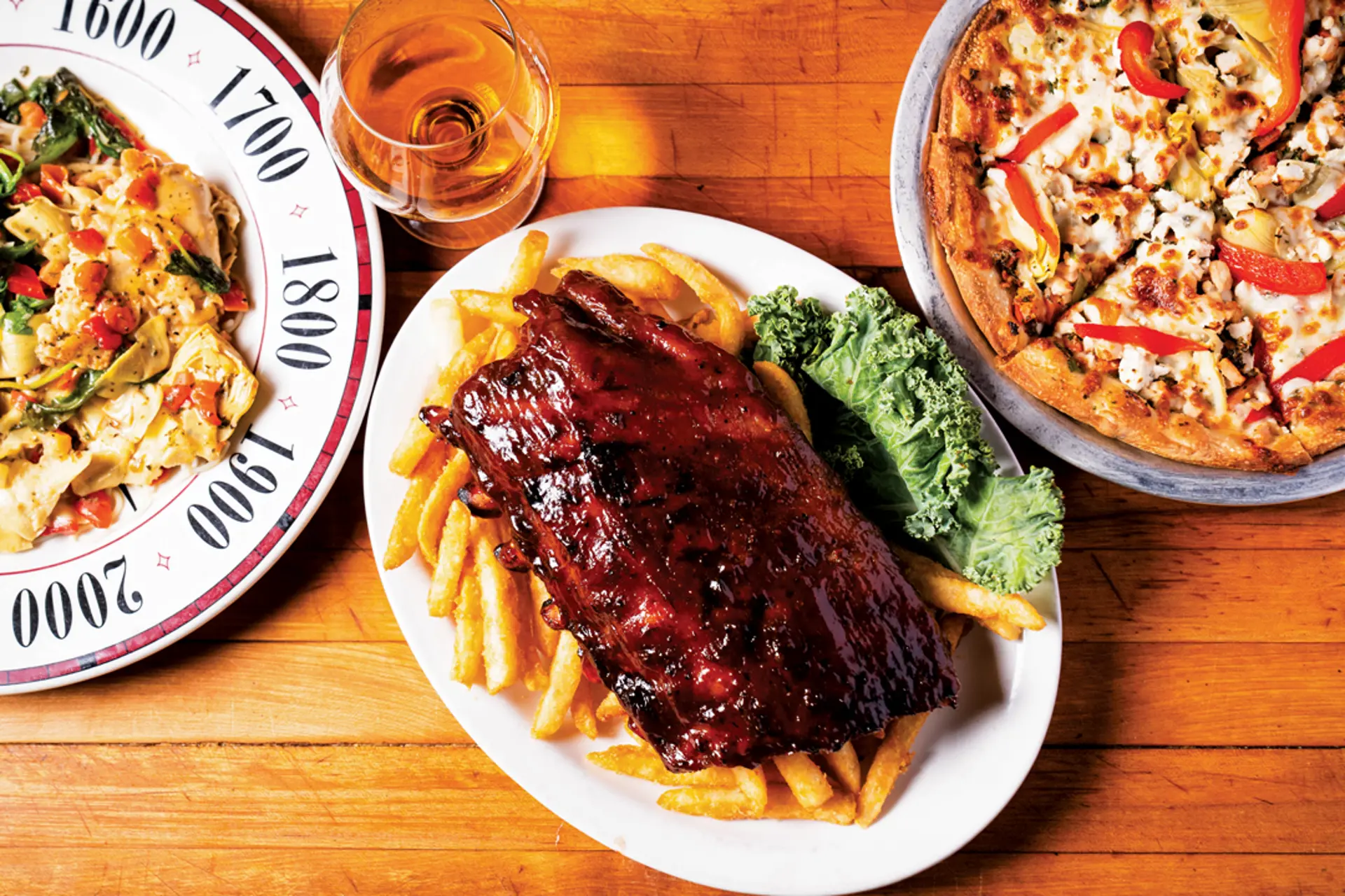 an overhead view of various plates of food