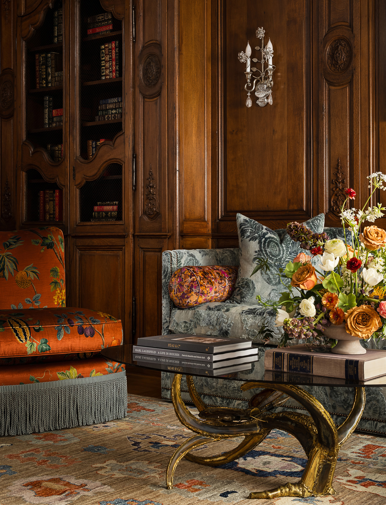 Shaker Heights library with orange and blue furnishings