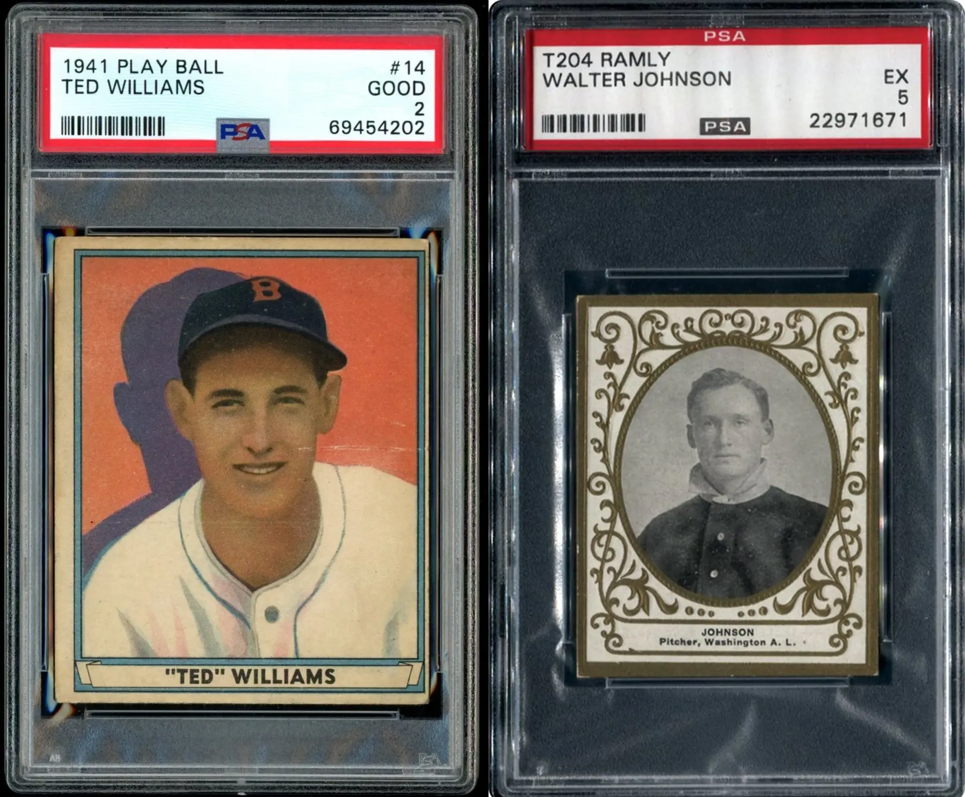 Two older models of baseball cards, a 1909 Ramly Walter Johnson card and a 1941 Ted Williams card.