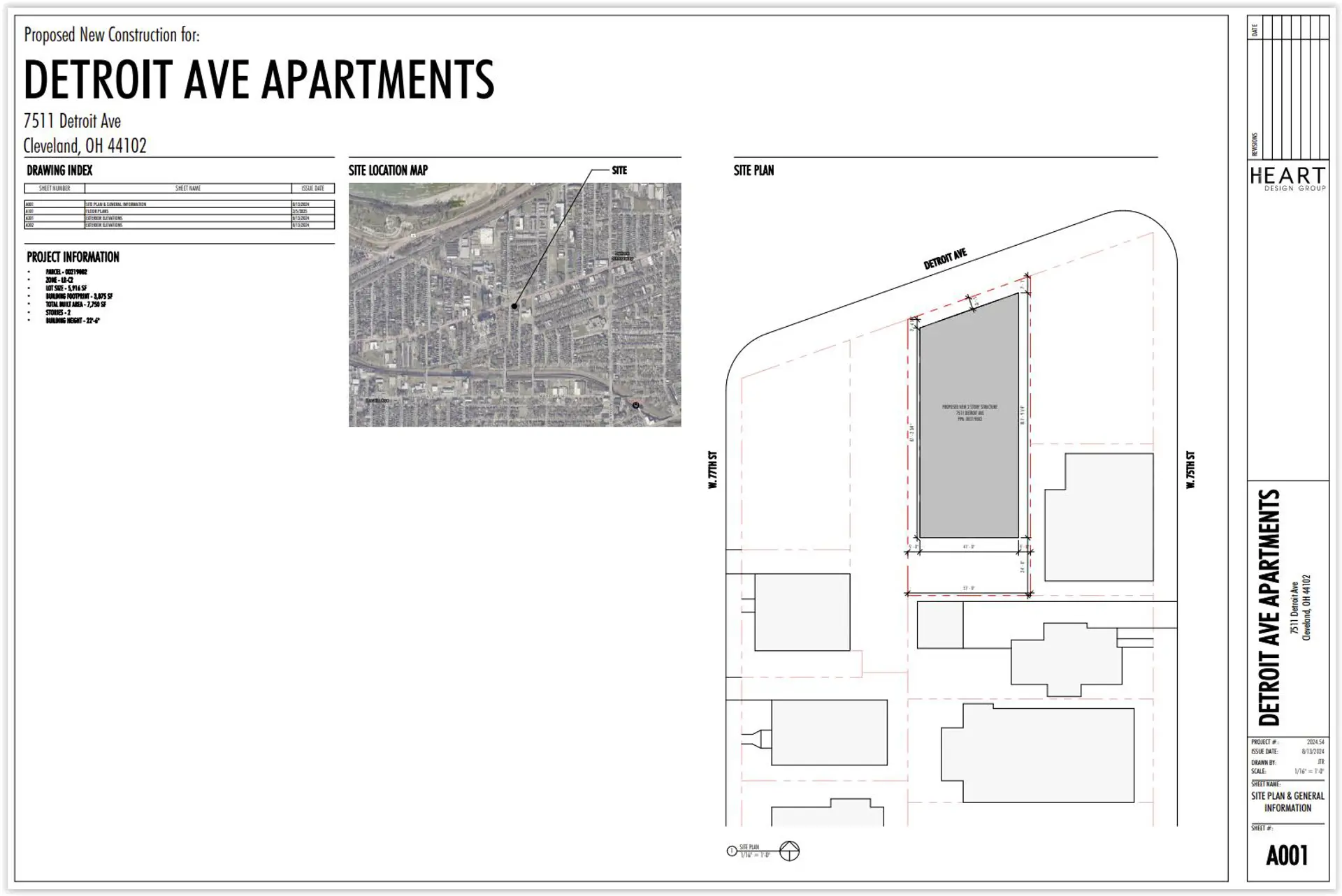 Site plan and location of 7511 Detroit in Cleveland’s Detroit-Shoreway neighborhood.