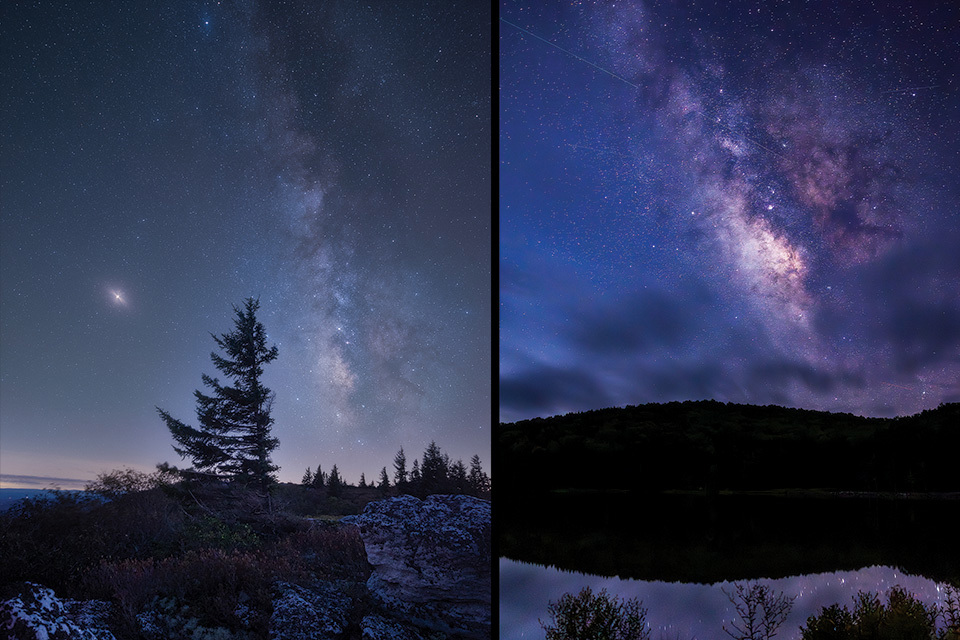 Night sky at Bear Rocks Preserve in Dolly Sods Wilderness (left) and Spruce Knob in Davis and Whitmer, West Virginia (right) (photos by Matt Shiffler)