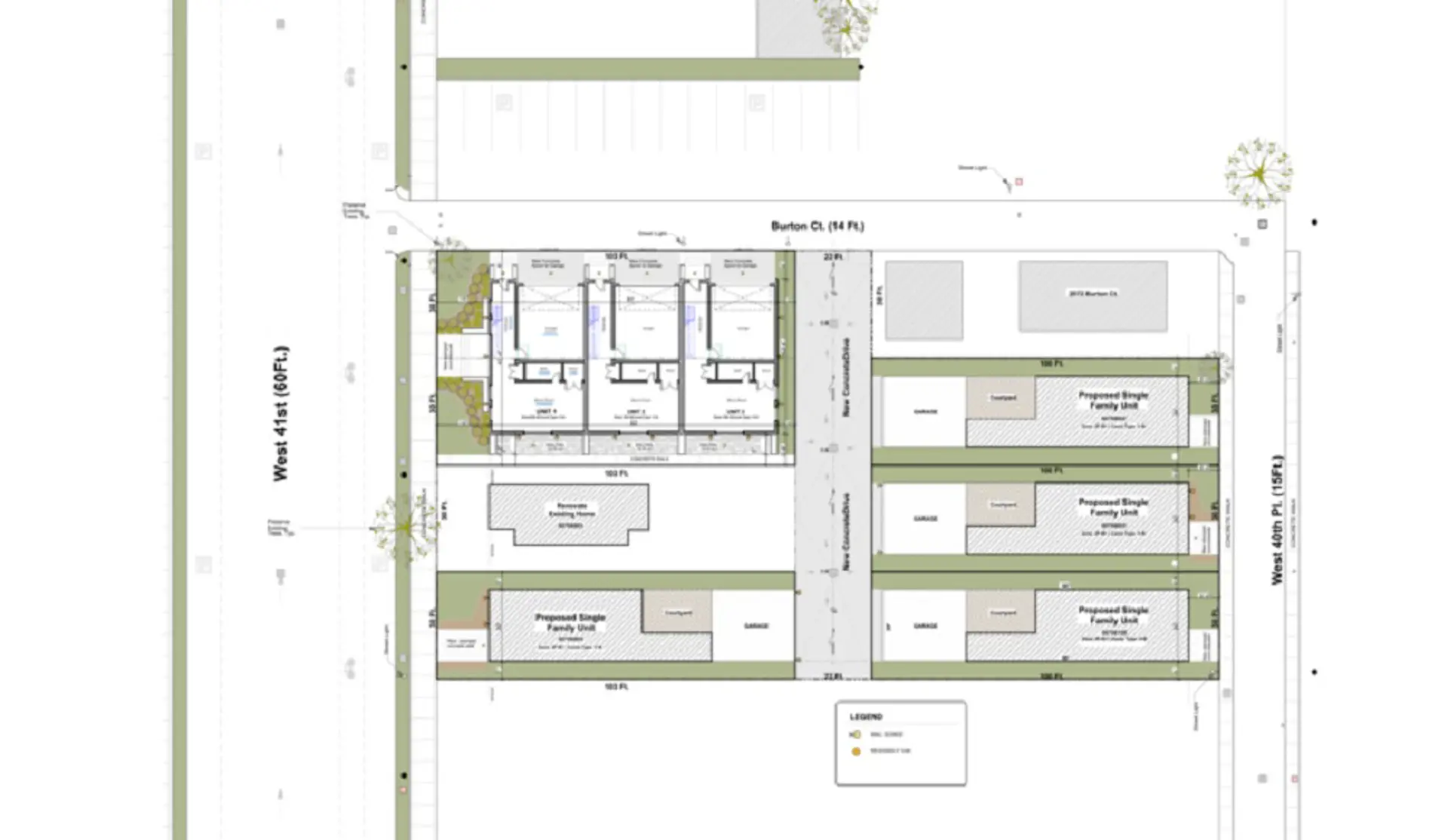 A conceptual site plan for the Burton Collection, which includes three townhomes at upper left and four single-family homes, three of which are on West 40th Place, at right 