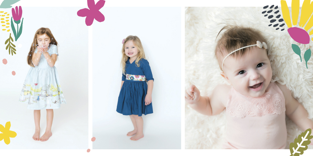 Scarlett Kyle, 5, wears Lionheart Lamb’s Brave Dress, while her sister Millie, 3, models a Thankful Dress. Seven-month-old Etta is not yet big enough to wear one of the line’s offerings, which range from size 2T to 6. | PHOTOGRAPHED BY BRITTANY GIDLEY 