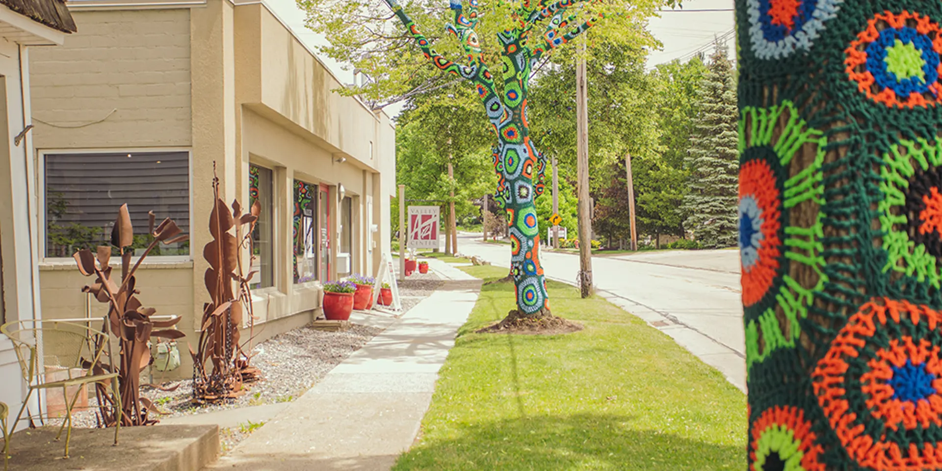 Yarn-bombing on a tree with pops of colorful textile on the bark.