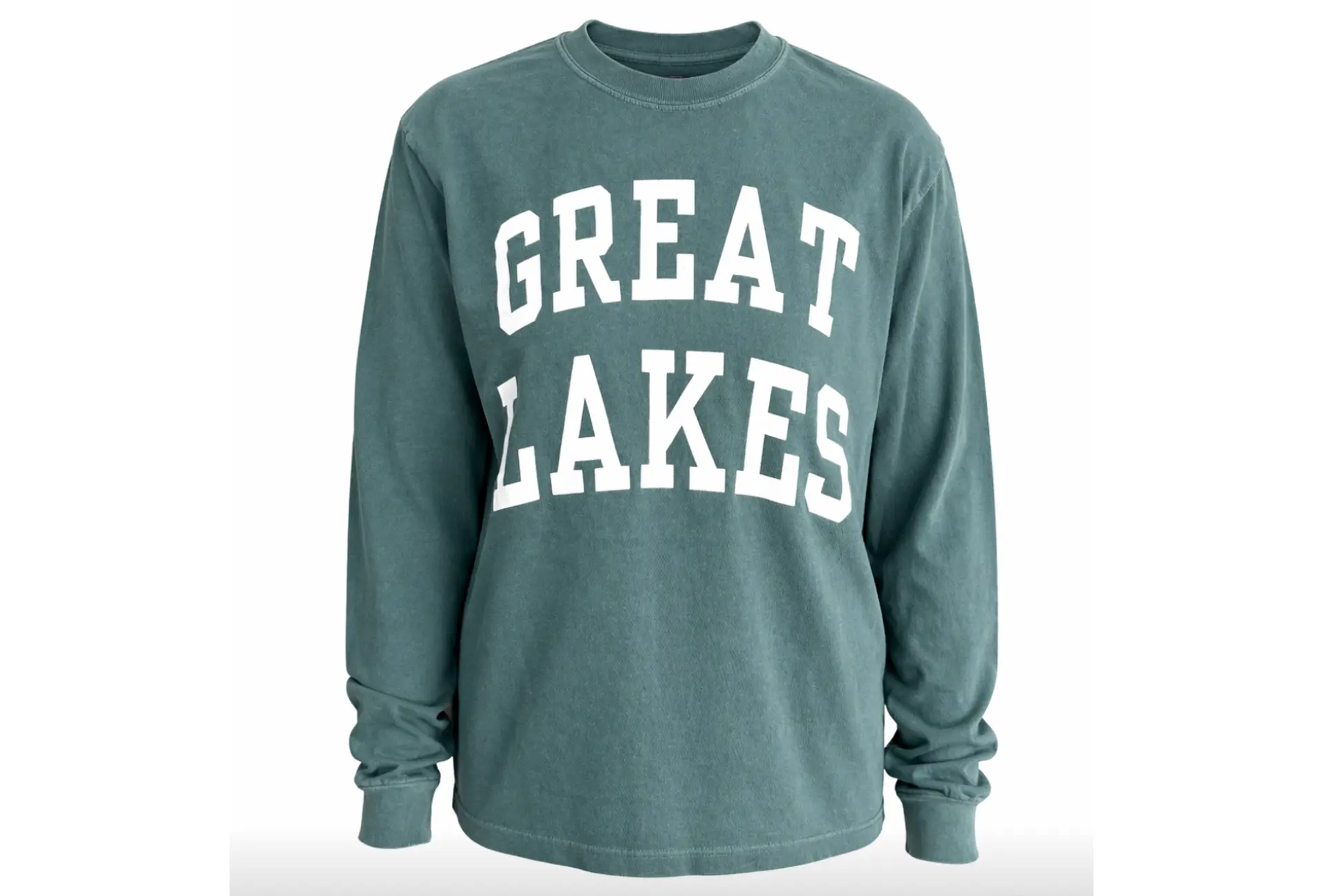 blue long sleeve shirt with "Great Lakes" in white lettering