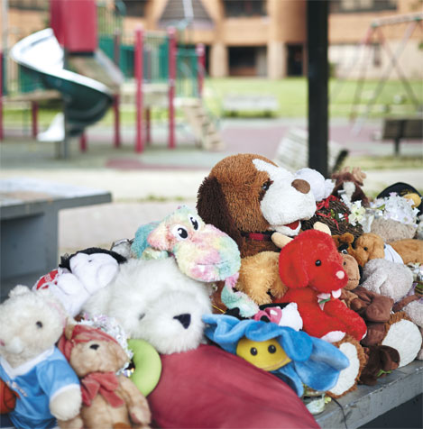 The memorial at the Cudell Commons pavilion continues to grow almost a year after Tamir Rice’s death. | PHOTOGRAPHED BY JEFF DOWNIE