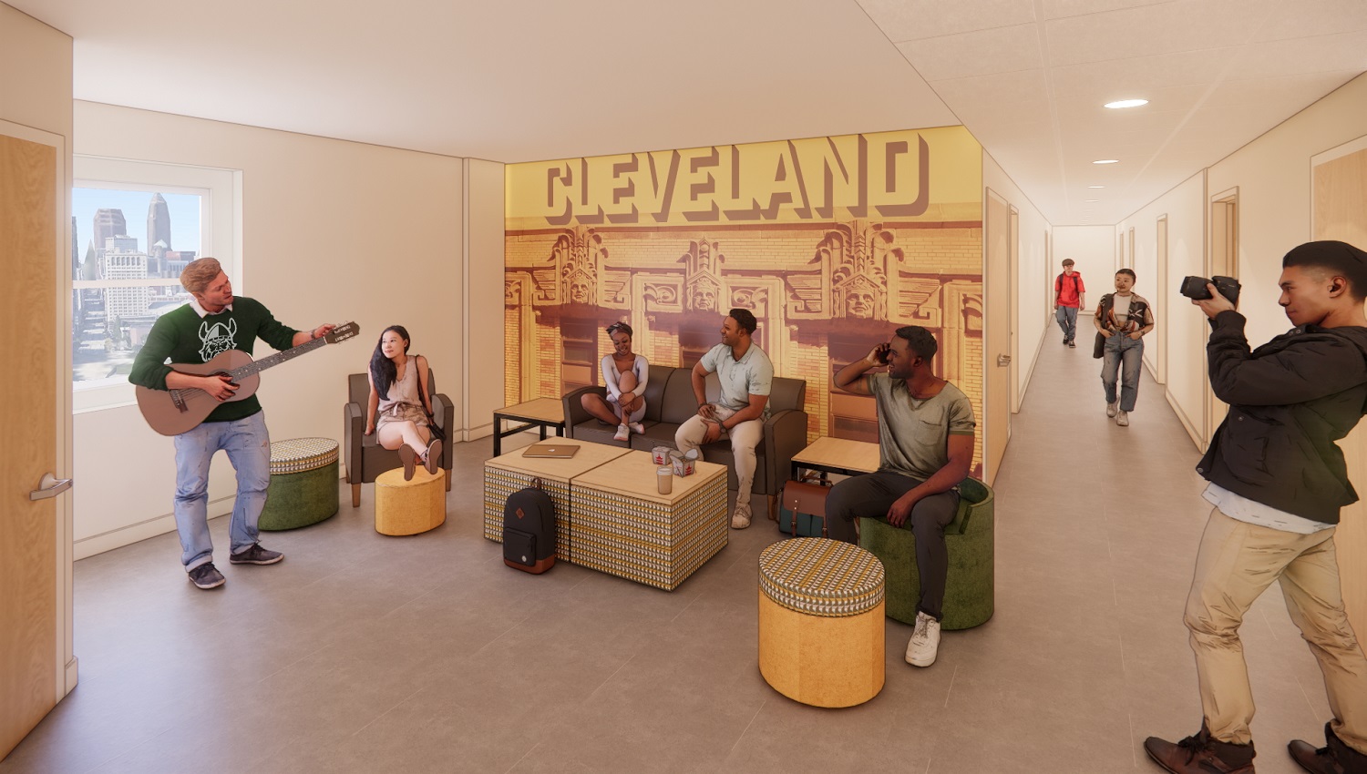 A rendering of a renovated resident lounge at Fenn Tower 
