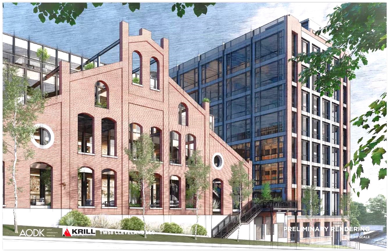 Preliminary plans for the first phase of the Westinghouse redevelopment show a rebuilt tower at right and a preserved façade from a 19th-century foundry that will front a new-construction, five-story mixed-use building.