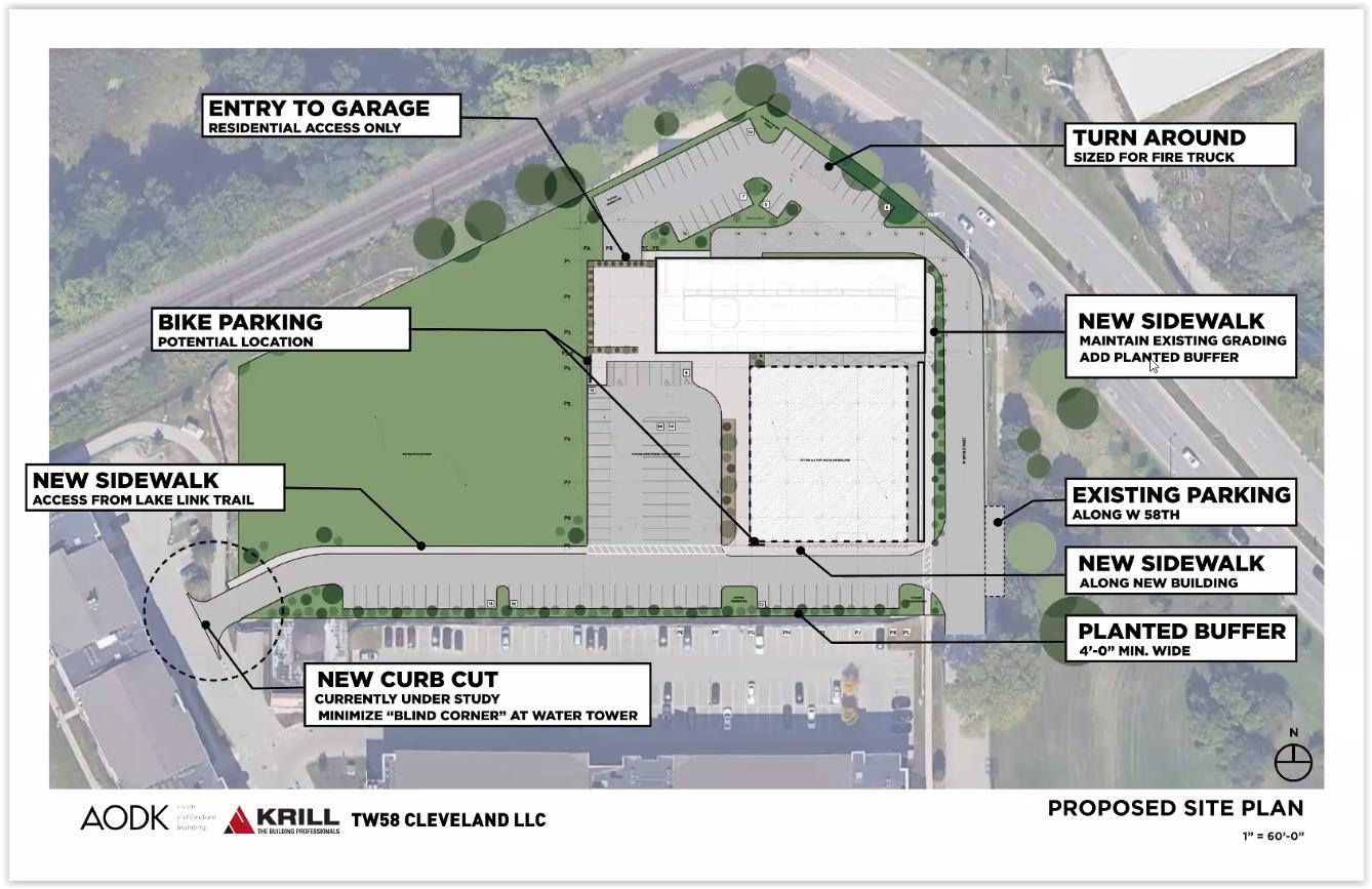 Site plan for the first phase of the Westinghouse plant redevelopment. A second phase, likely to be residential, will fill the green patch at left, on the west half of the site 