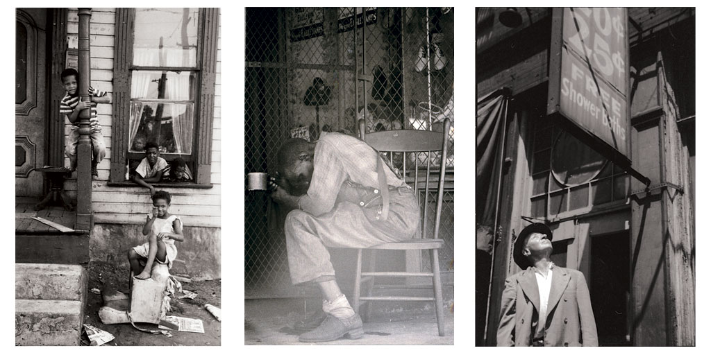 Left to right: Children Gathering Around the Entrance to a House 1947-1955; Man with Head in Hands 1947-1955; Man Looking Up 1947-1955. | PHOTOGRAPHED BY JASPER WOOD