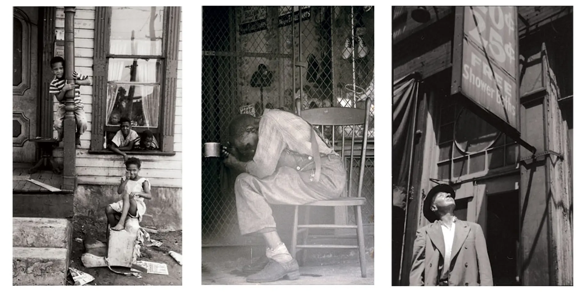 Left to right: Children Gathering Around the Entrance to a House 1947-1955; Man with Head in Hands 1947-1955; Man Looking Up 1947-1955. | PHOTOGRAPHED BY JASPER WOOD