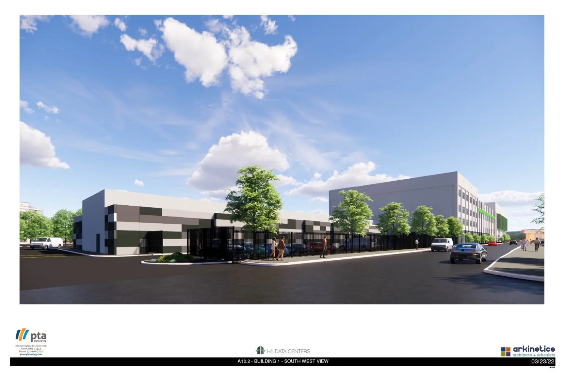 This 2022 rendering, looking east along Rockwell Avenue, shows the new building at left that H5 Data Centers planned to house its new generators.