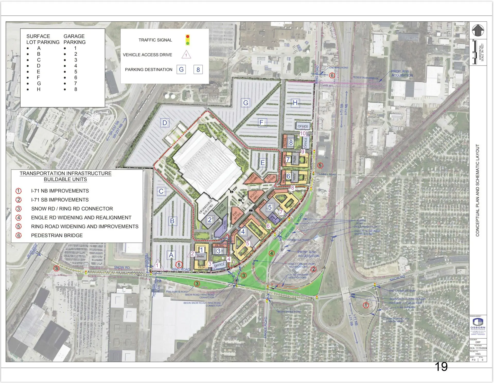This site plan from last year, including for future stadium-adjacent development, was included in planning documents for a Northeast Ohio Areawide Coordinating Agency planning meeting this week. Comparing it to the prior, updated plan shows how the planning is evolving. This plan lacks the transit station but has an overhead walkway bridging Interstate 71 to future offsite parking along West 164th Street