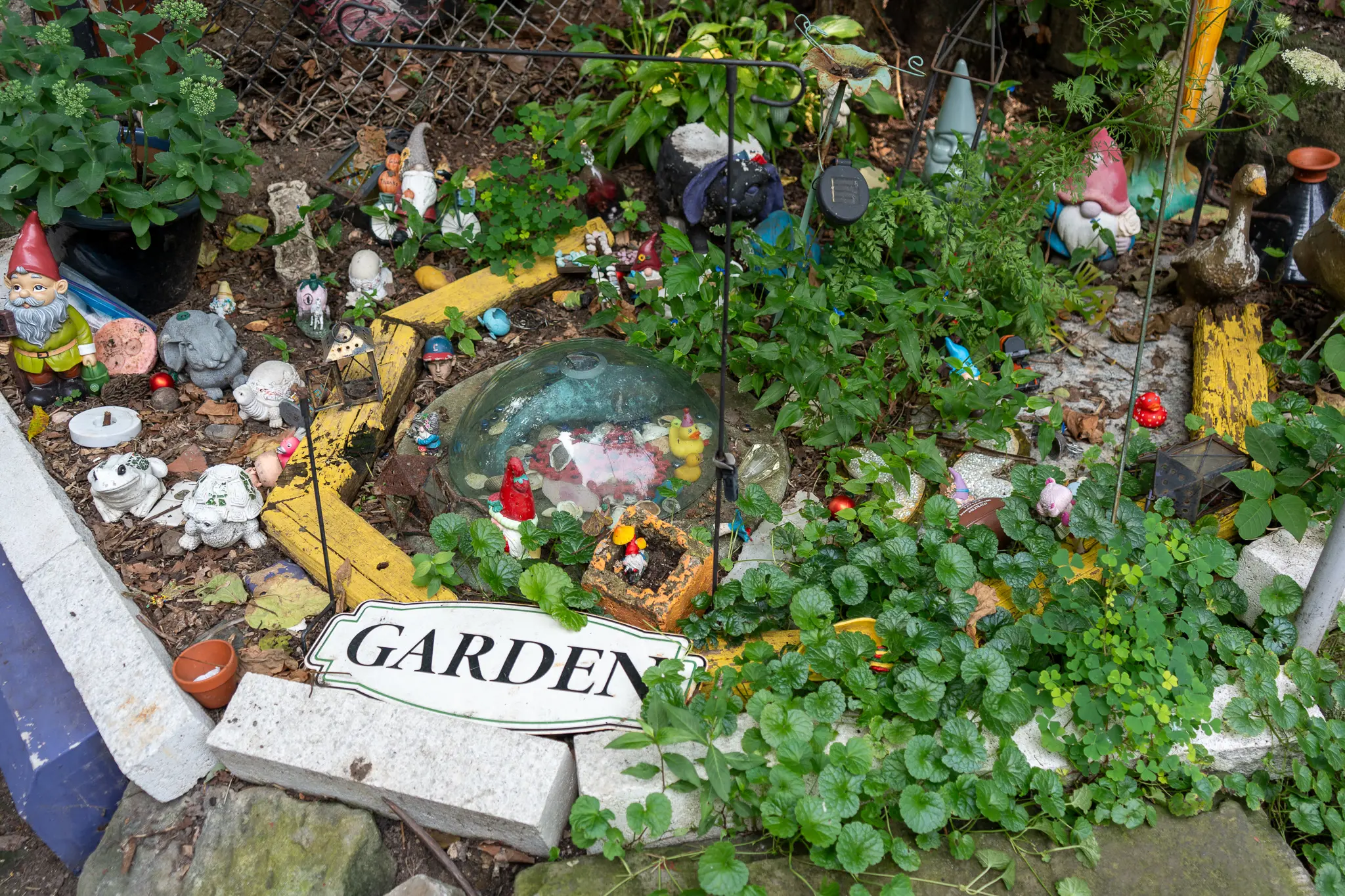 rocks and trinkets in the garden