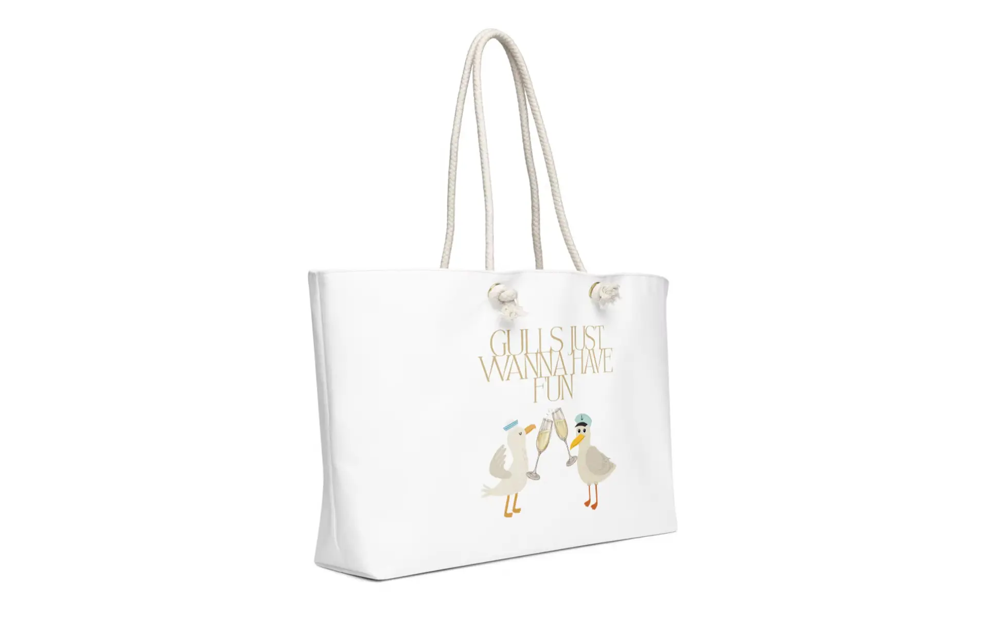 white tote bag with seagulls illustration