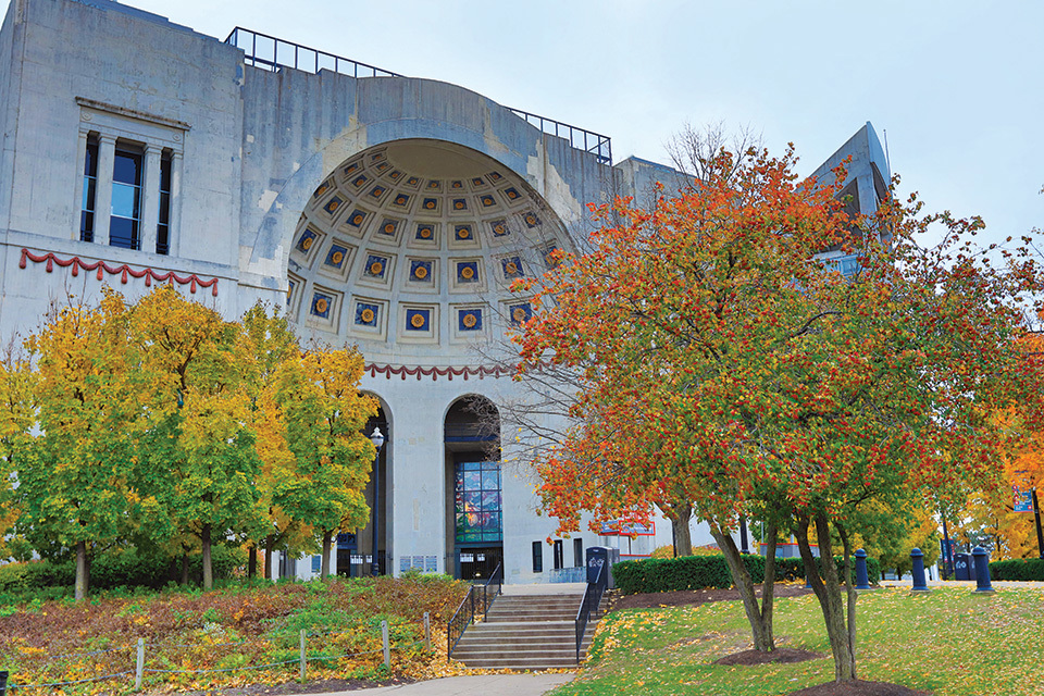 Exterior of Ohio Stadium in Columbus with fall color (photo courtesy of Ohio Stadium)