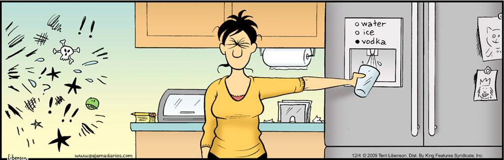 Comic of a woman pouring vodka into a glass