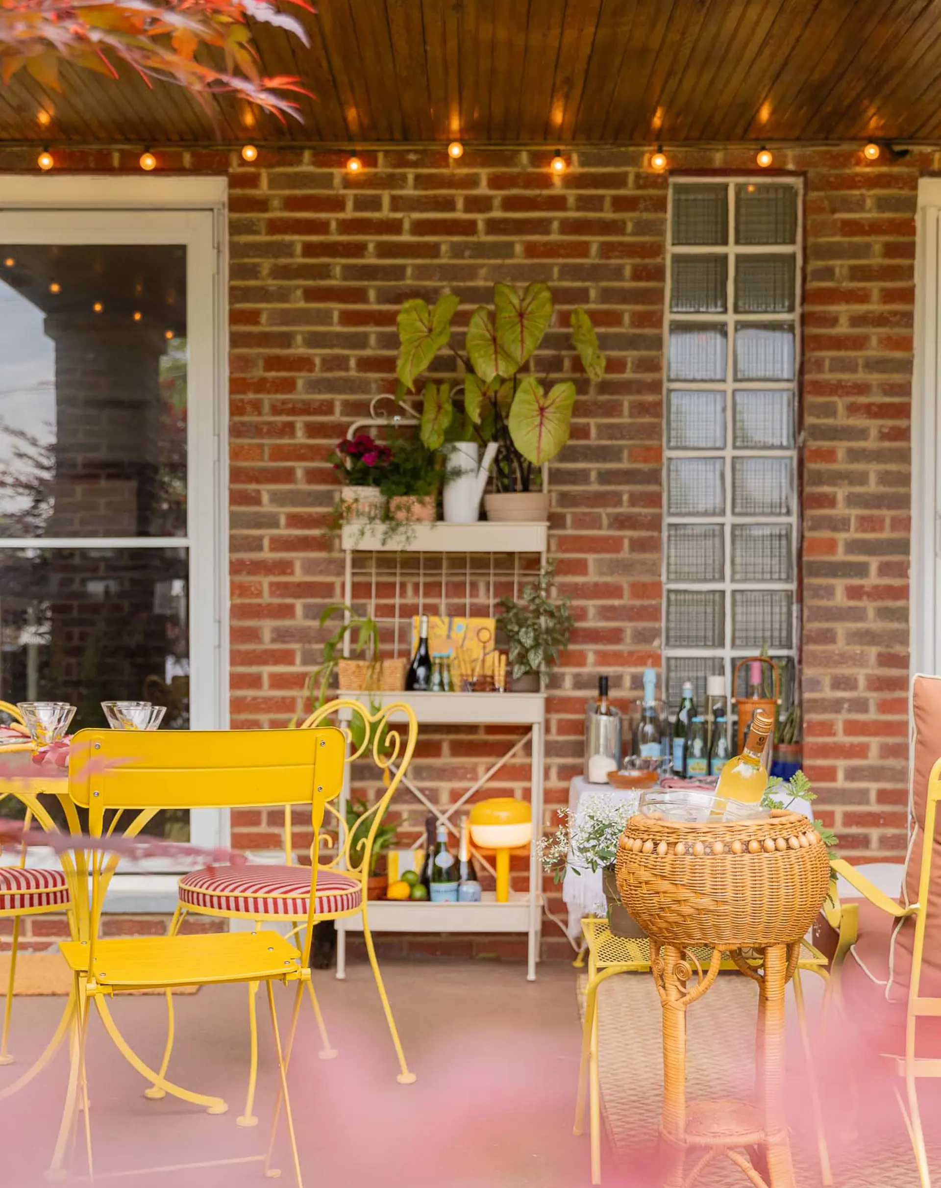 string lights and other accessories on a porch
