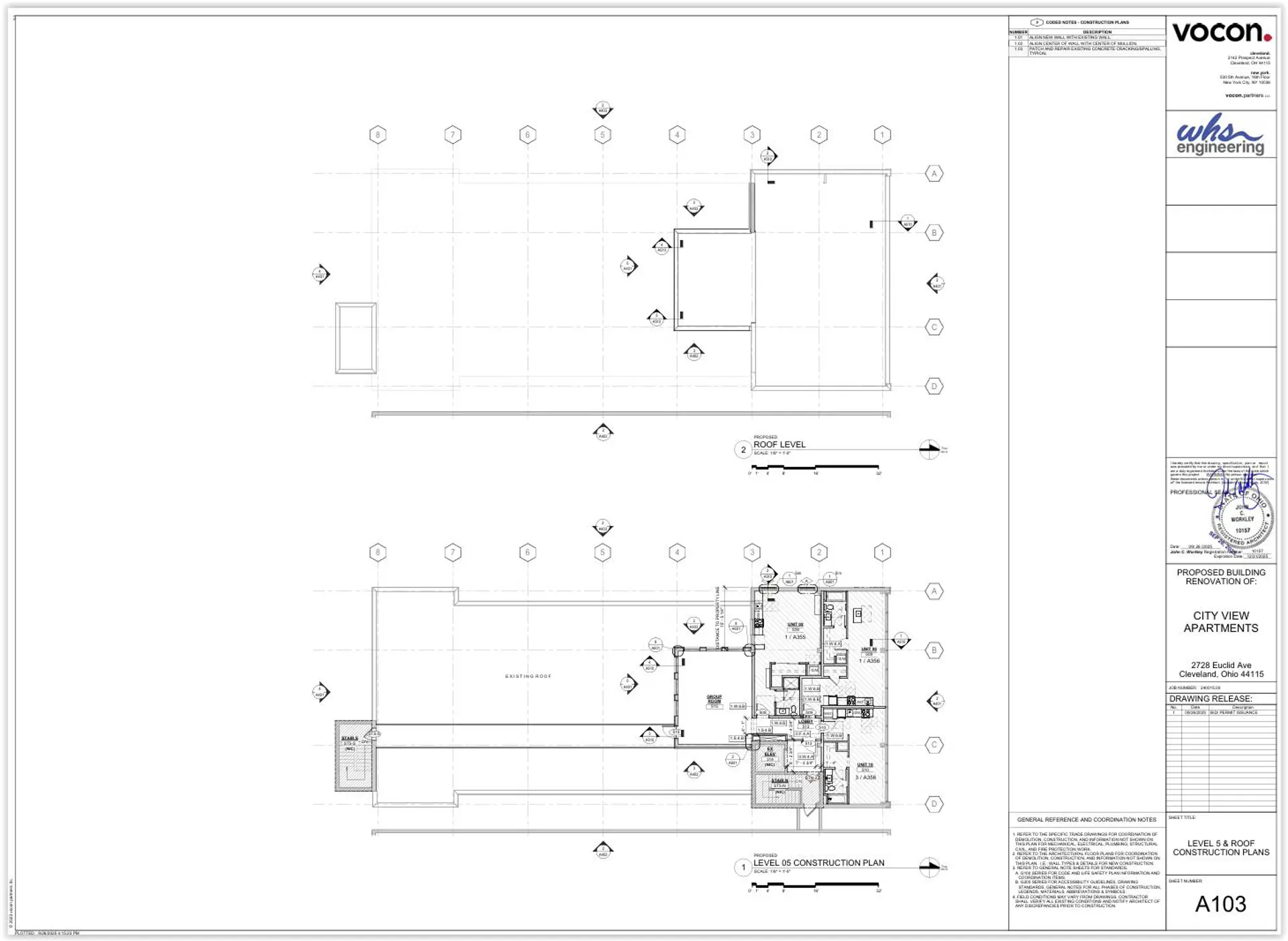 The fifth floor has the smallest floor space in the building, with just enough for three loft-style apartments and a rooftop community room offering views of downtown to the west at the top of this image.