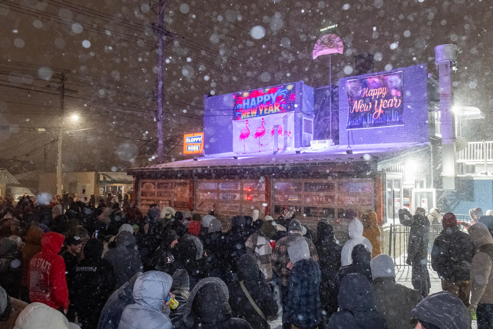 A pierogi drop from the roof OF Sloppy Bob’s in Parma at midnight on New Year’s Eve.