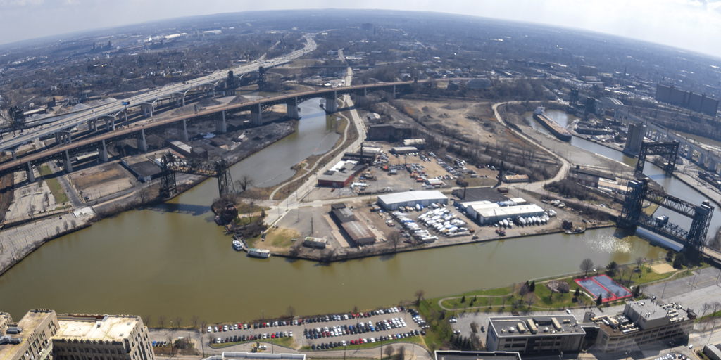 The Cuyahoga winds through the industrial heart of Cleveland in the Flats.