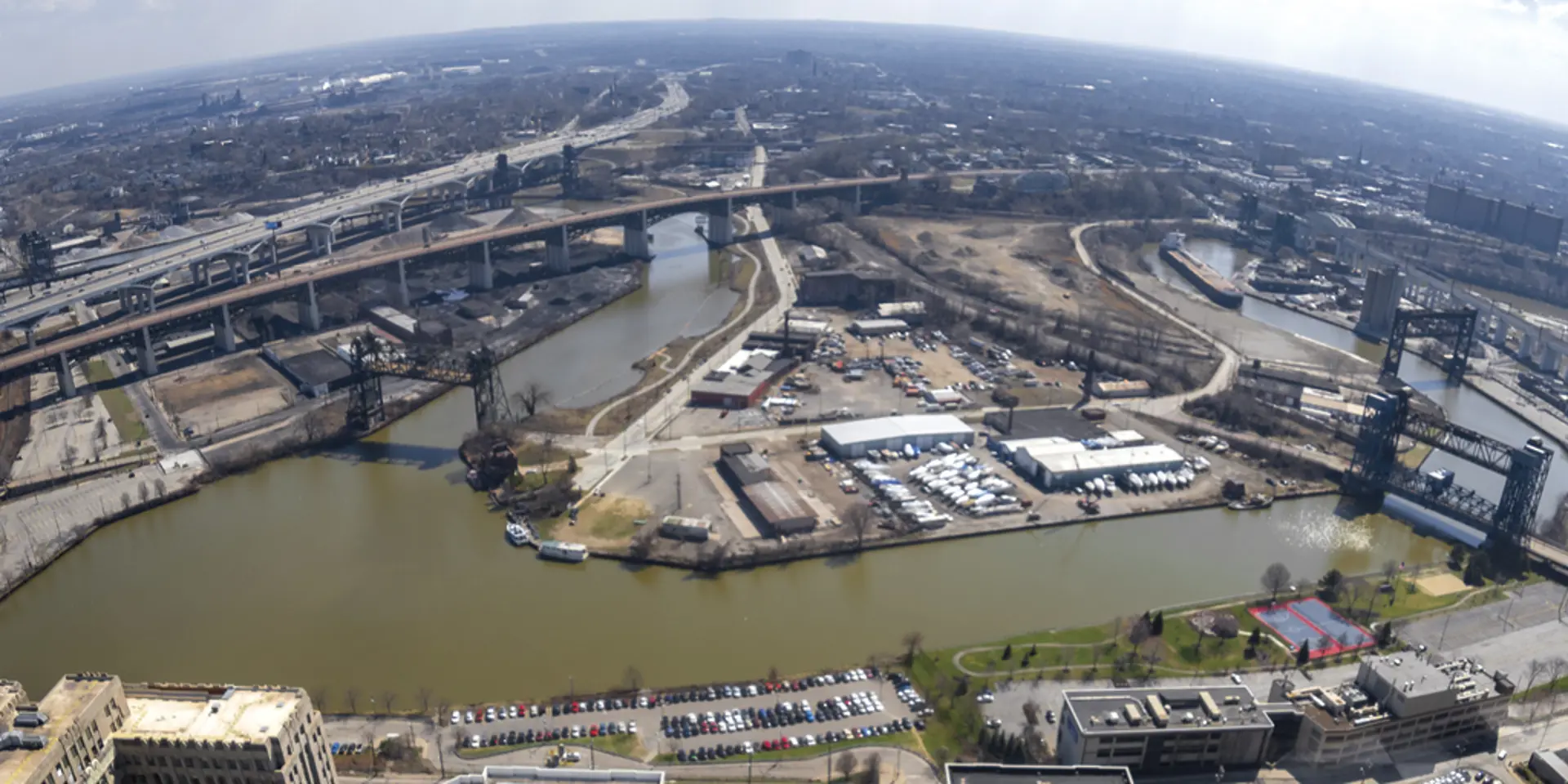The Cuyahoga winds through the industrial heart of Cleveland in the Flats.