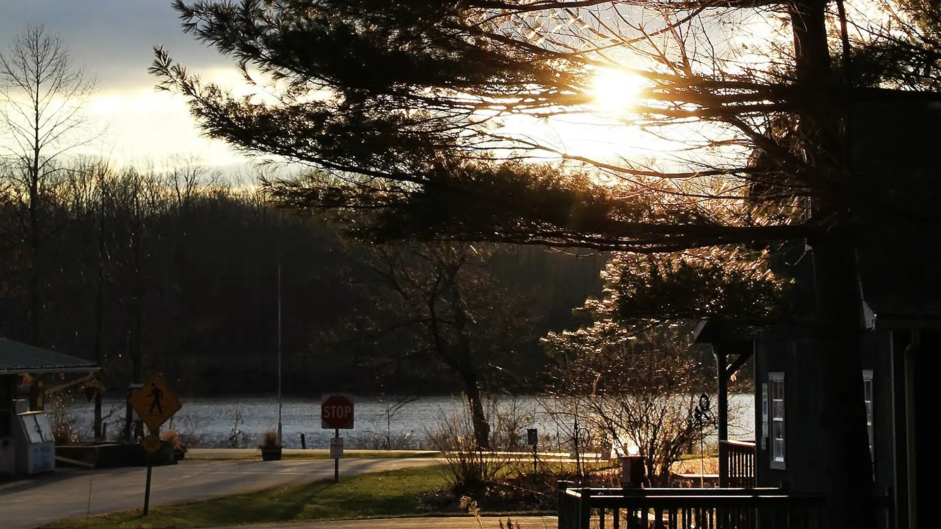 sunset at Punderson State Park, sun peeking through a pine tree